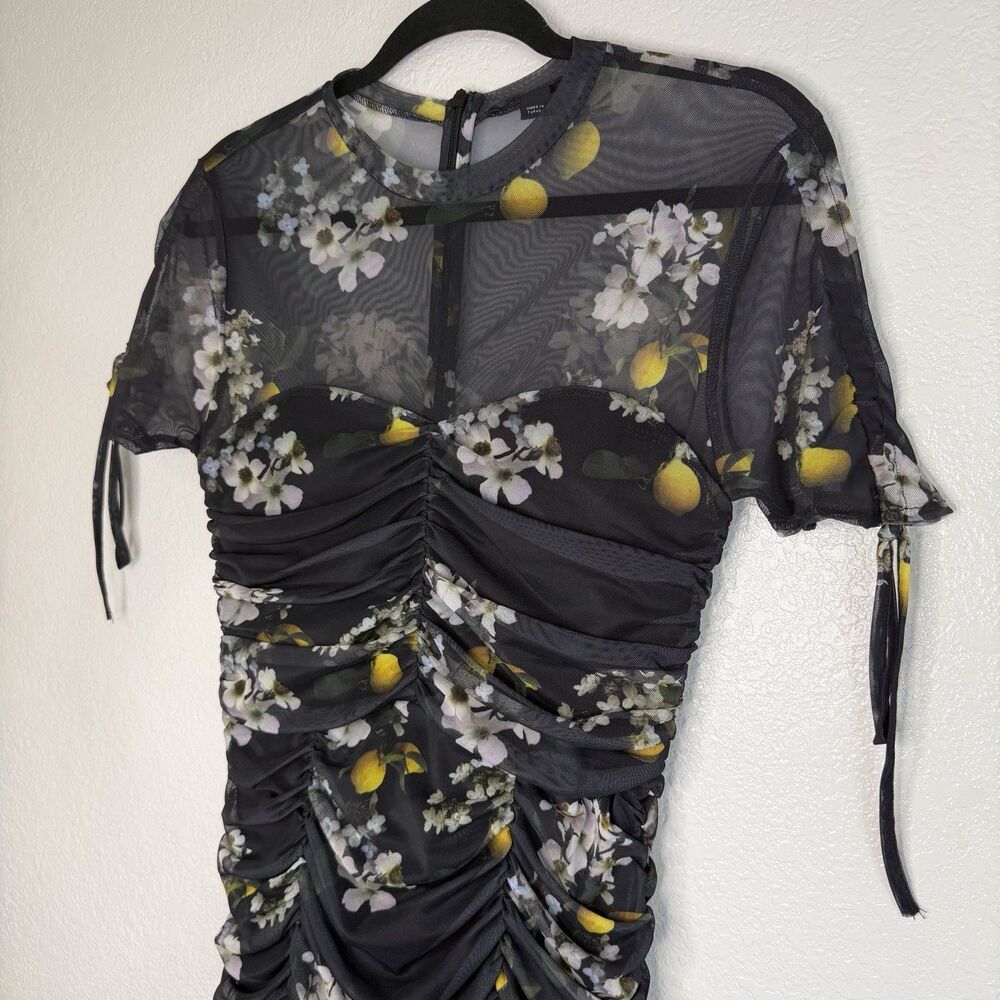 ALLSAINTS Giorgia Eugenia Mesh Ruched Mini Dress Sz 6 Black Floral Lemon Whimsy - Picture 3 of 10